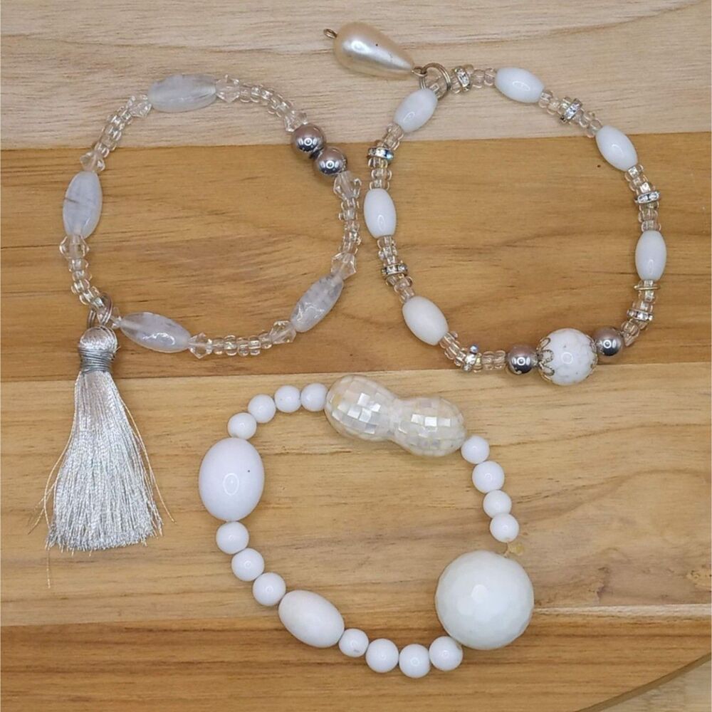 Set of 3 Vintage Beaded Faux Pearl and Glass Beaded Stackable Stretchy Bracelets